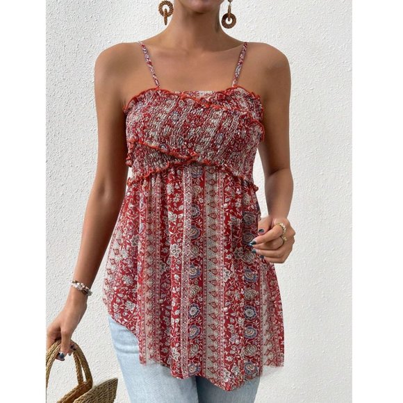 Asymmetrical Hem Floral Print Frill Trim Cami Top - Picture 3 of 7